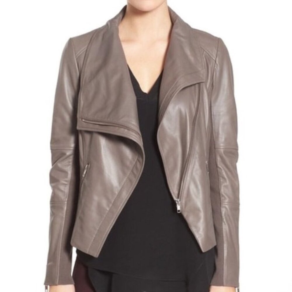 Trouve Asymmetric Drape-Front Soft 100% Genuine Leather Jacket Taupe Gray XS